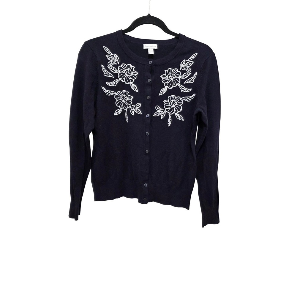 Charter Club‎ Navy Cardigan White Floral Embroidery Button-Up Front Medium